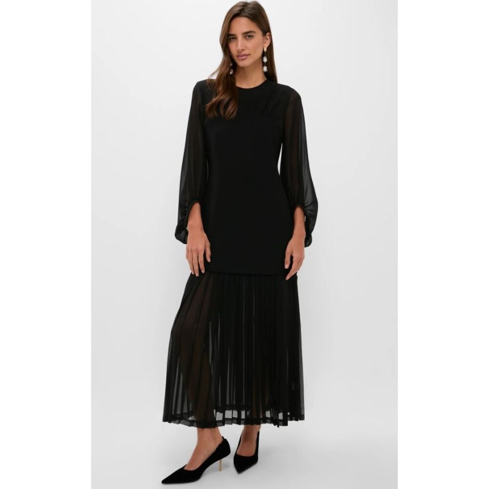 Tuckernuck $278 Black Chiffon Pleated Lorraine Dress Long Sleeve Women's 10